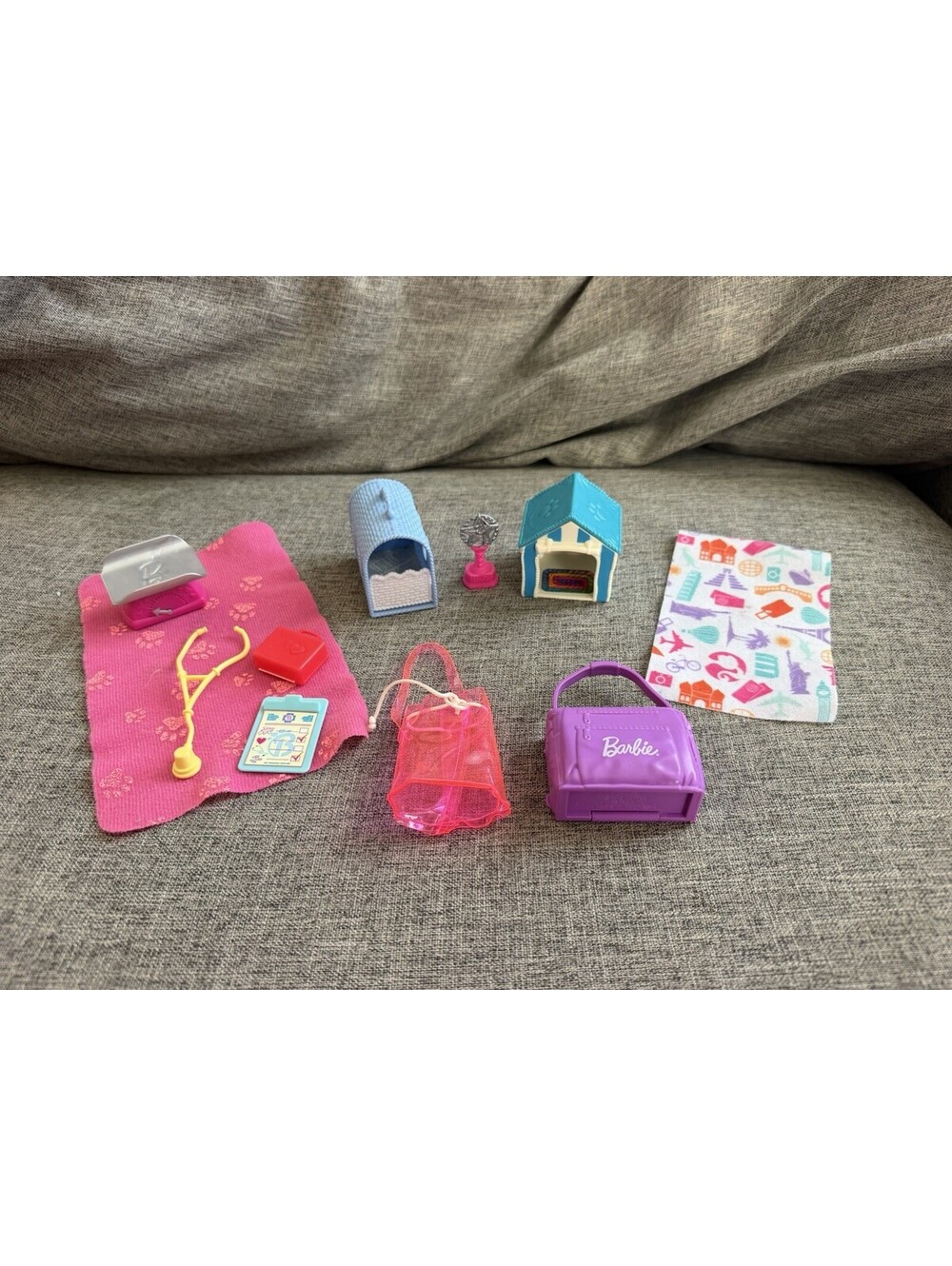 Barbie Pet Vet & Travel Accessories Lot-10 Pc- Doghouses Vet Tools Bags
